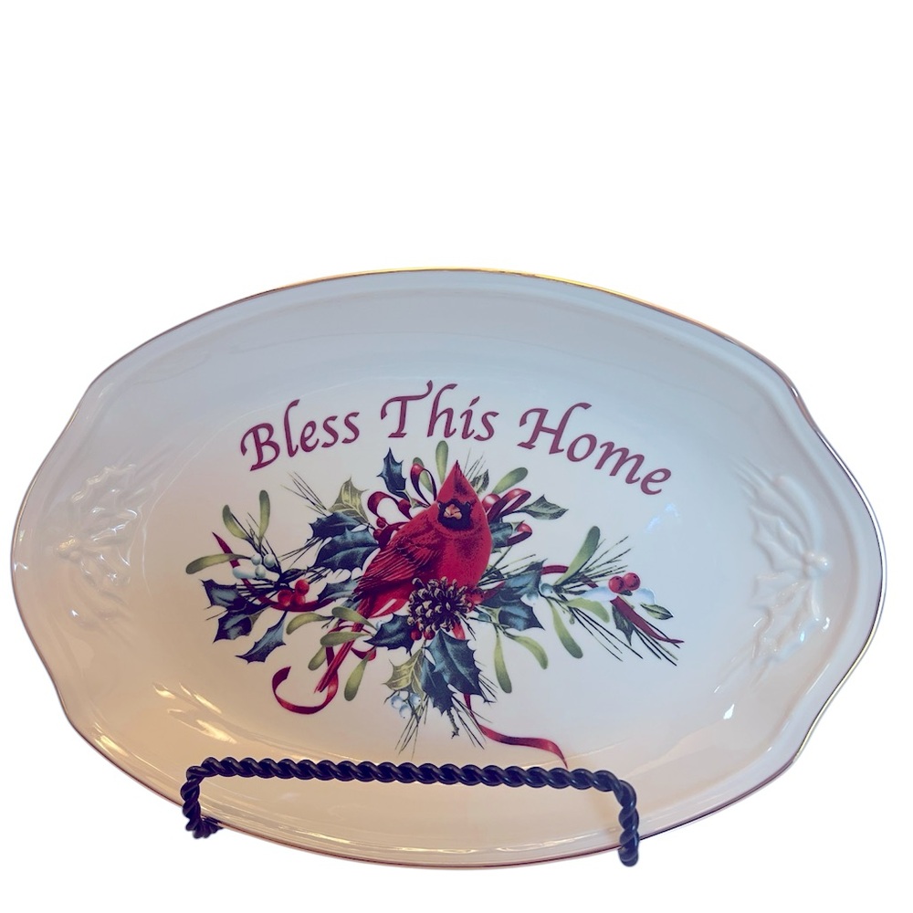 Festive Oval Cream Dish with Vivid Red Cardinal and Green Foliage by Lenox